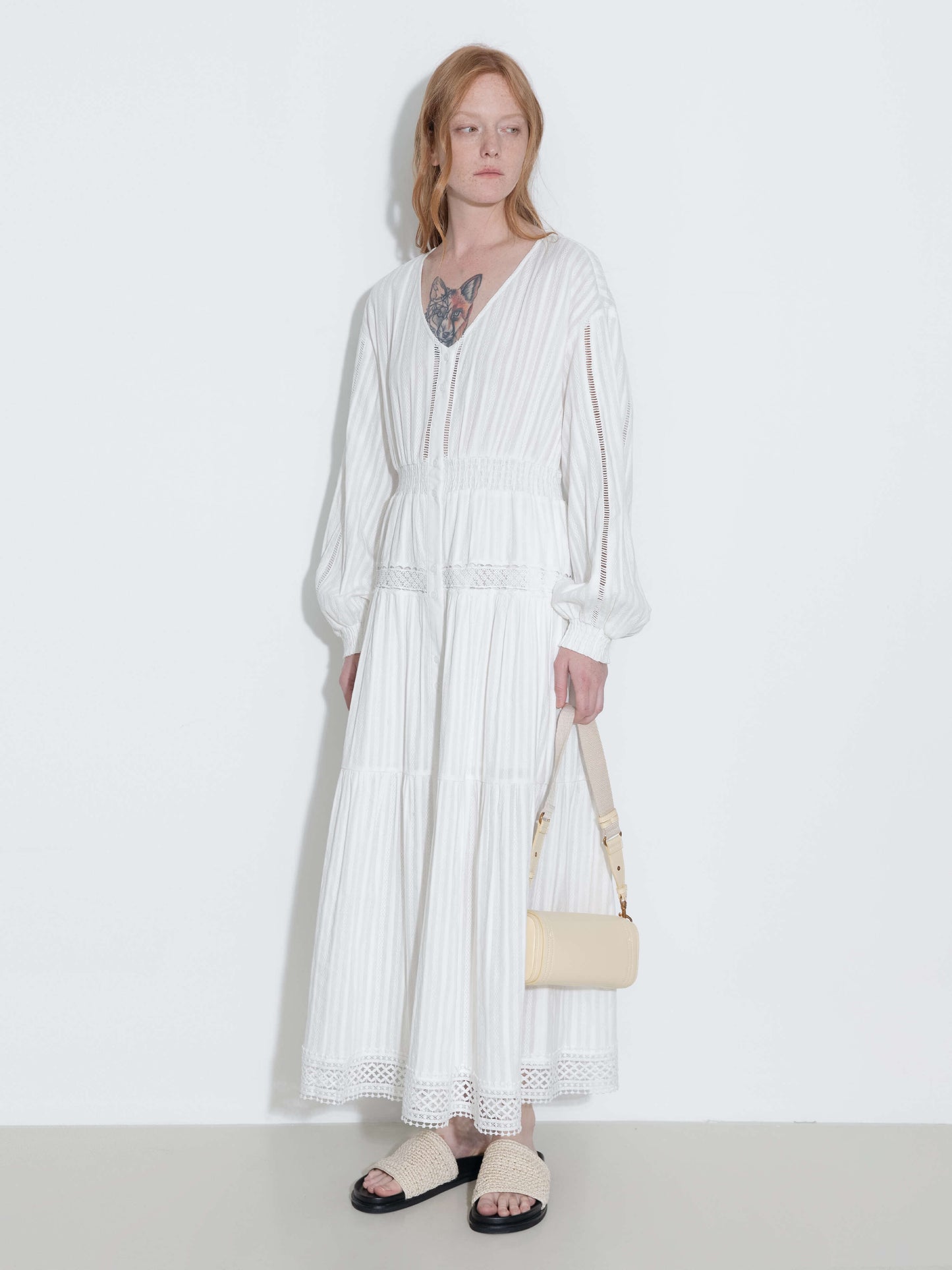 100% Cotton Lace Hollow V-Neck Waist-Cinched Maxi Dress