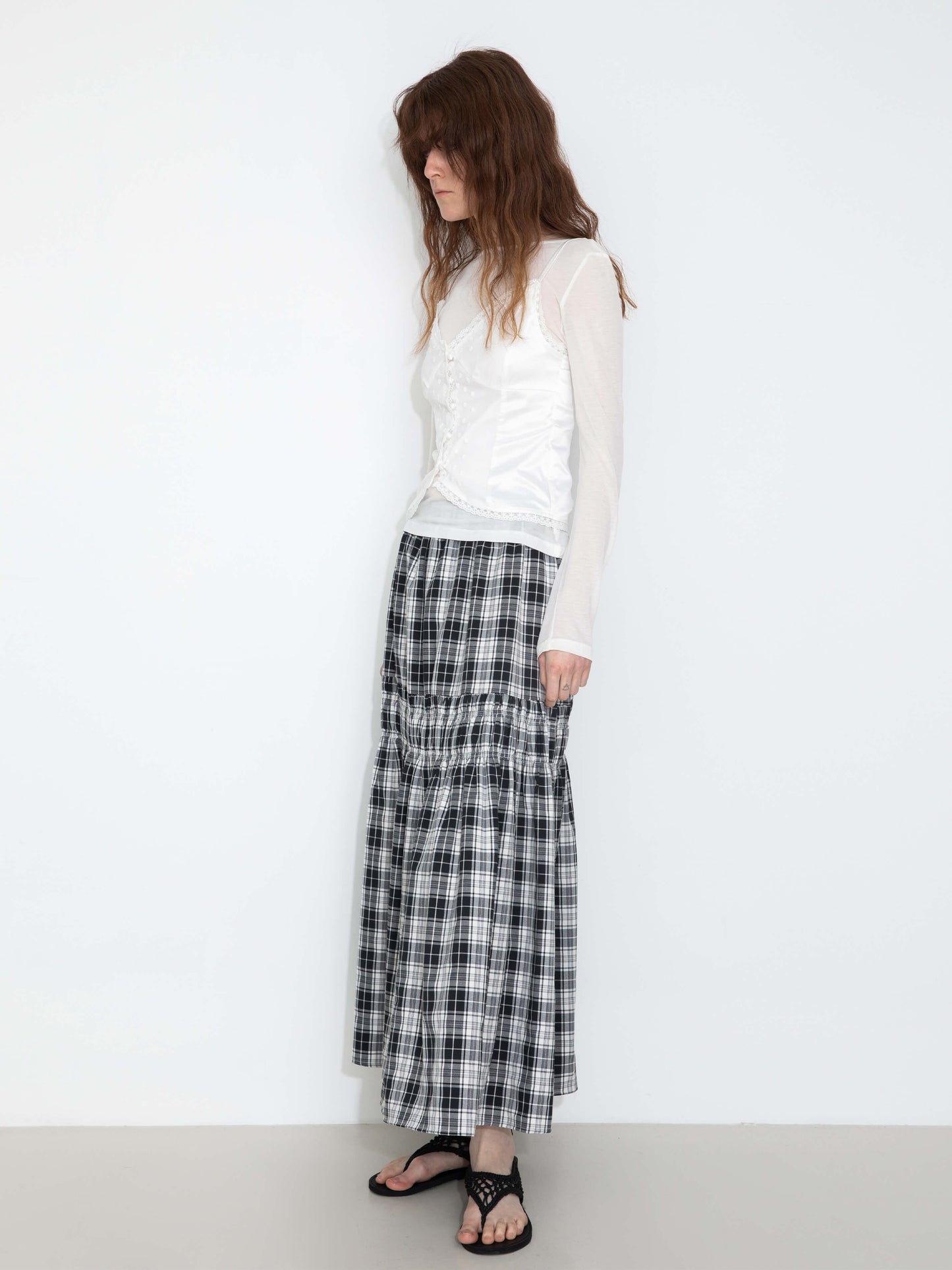 Elastic Drawstring High Waist Checked Skirt
