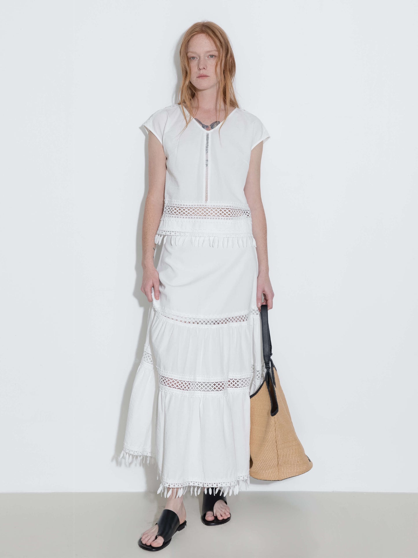 High-Waisted Hollow Out Tassel Trim Maxi Skirt