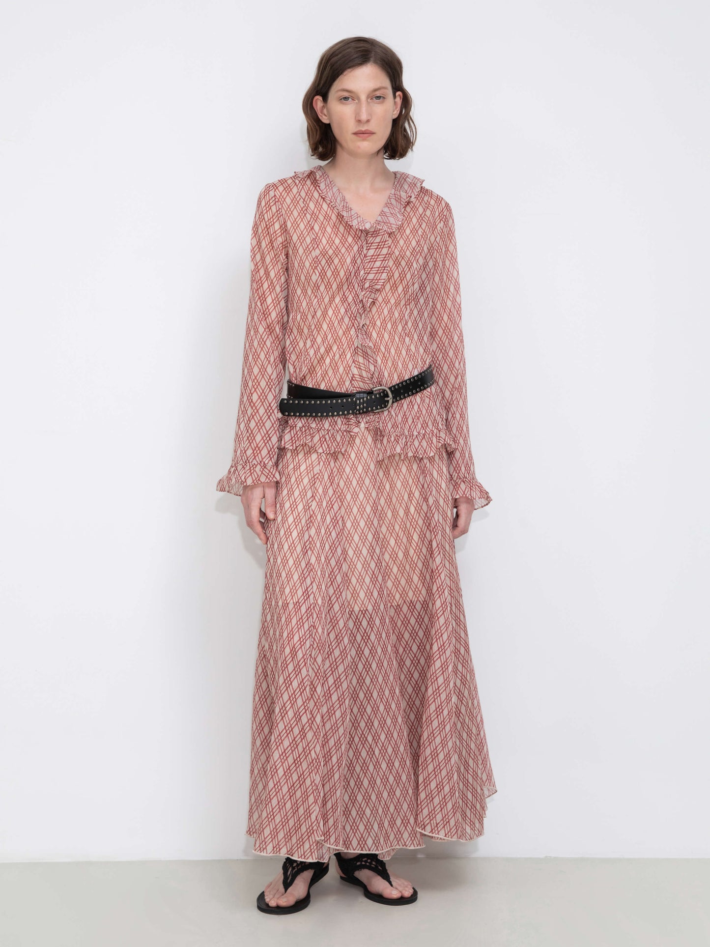 Asymmetrical Flowy Check Maxi Skirt-Red