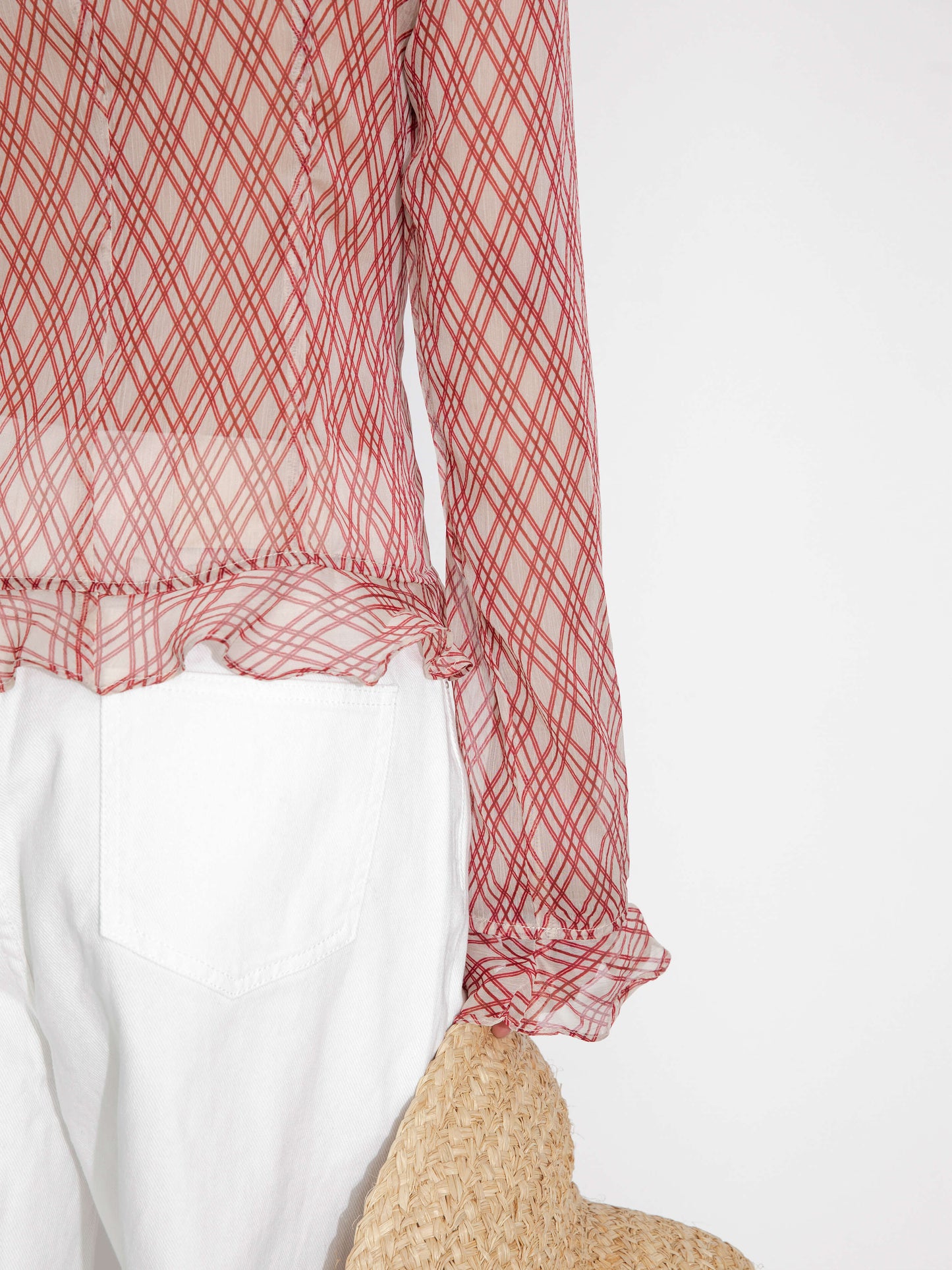 Semi-Sheer Ruffle Trim Check Shirt