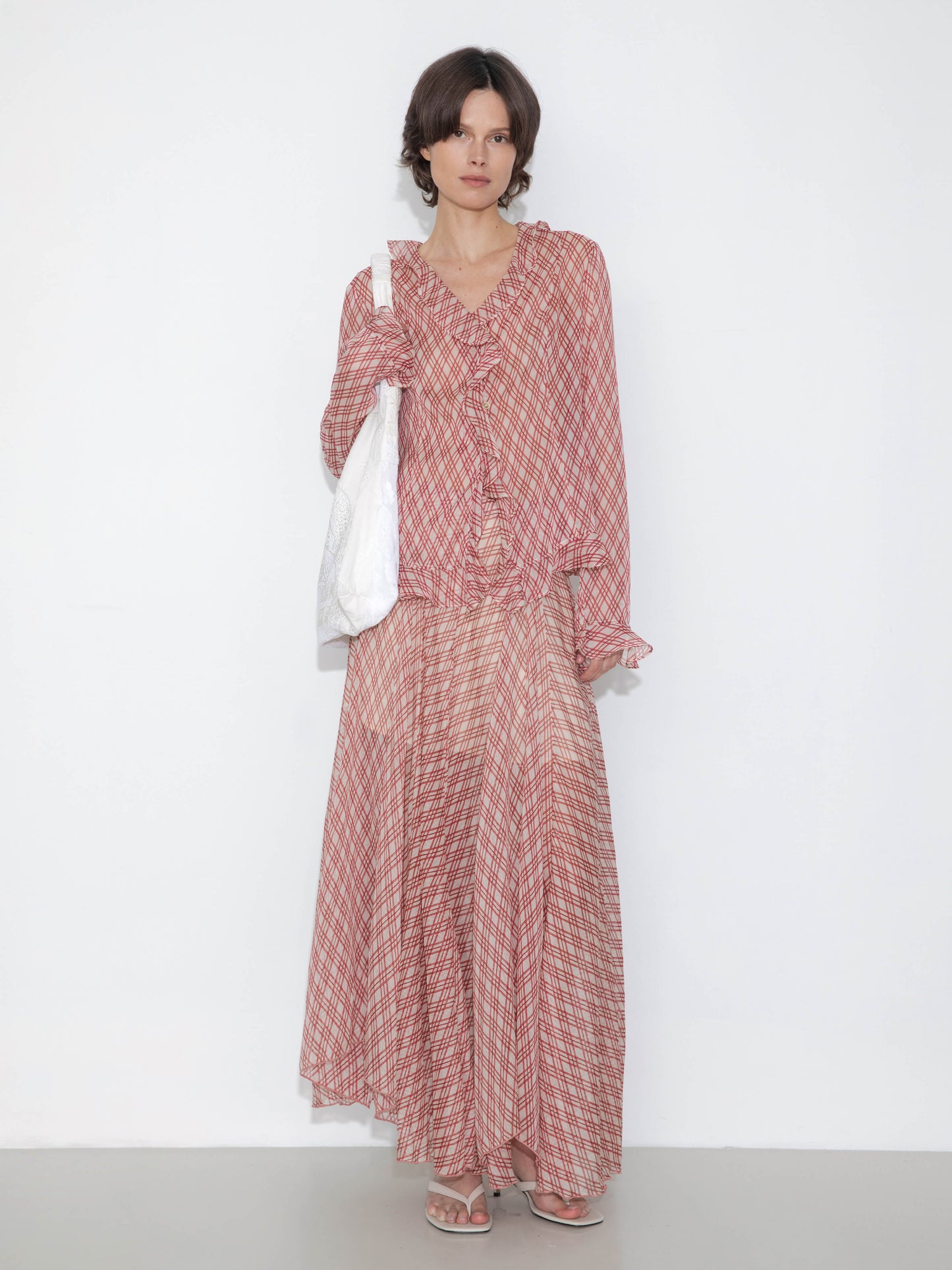 Semi-Sheer Ruffle Trim Check Shirt