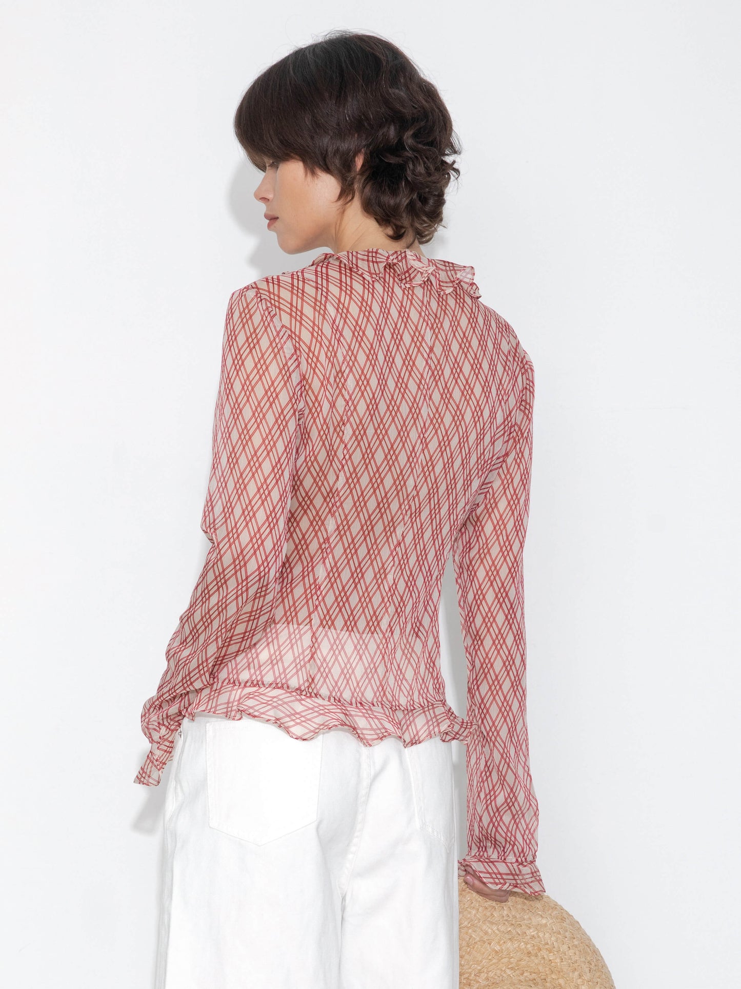 Semi-Sheer Ruffle Trim Check Shirt