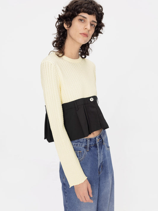 Cropped Knit Top with Shirting Panel