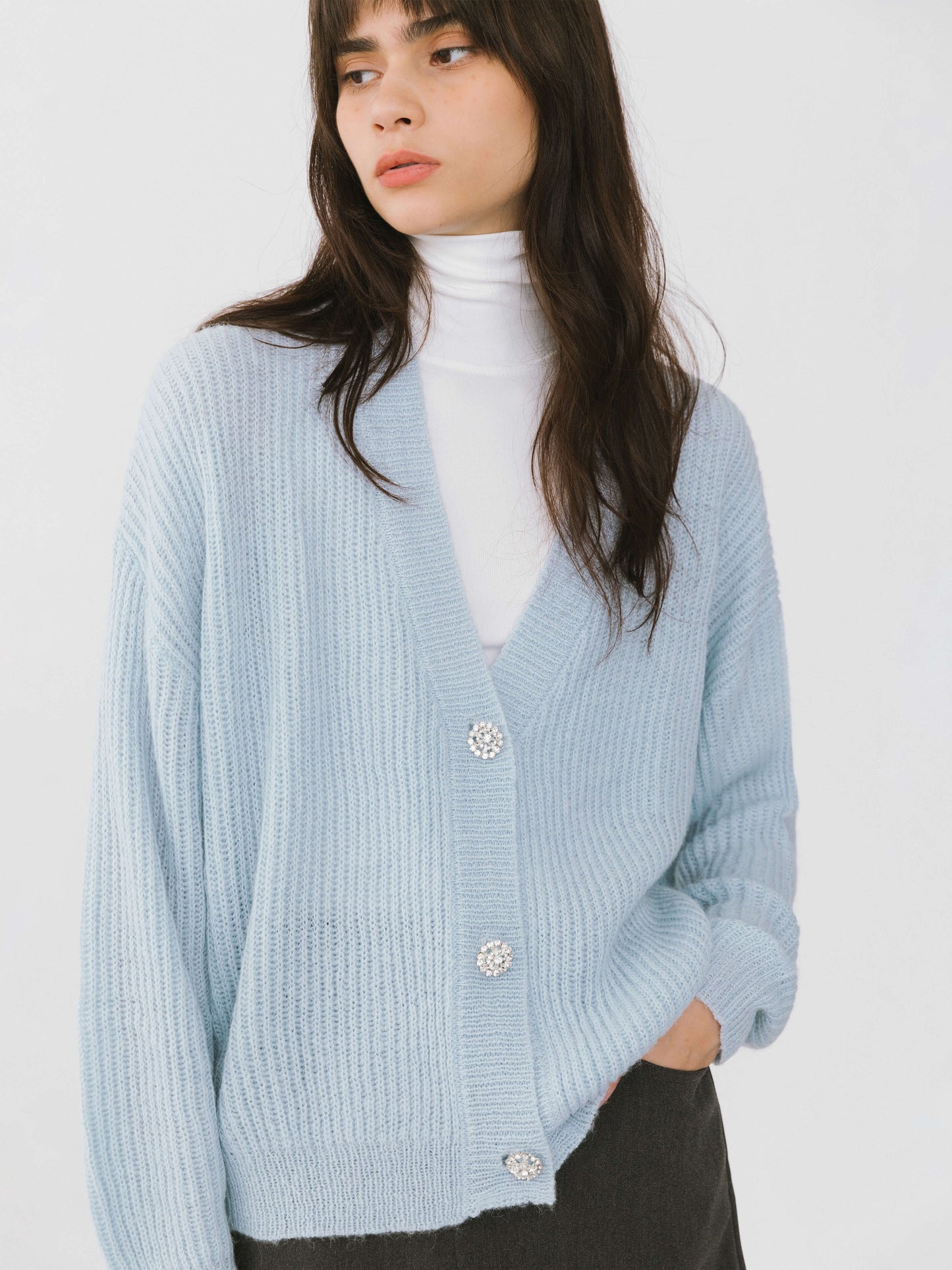 Casual V-Neck Ribbed Knit Cardigan with Wool Blend