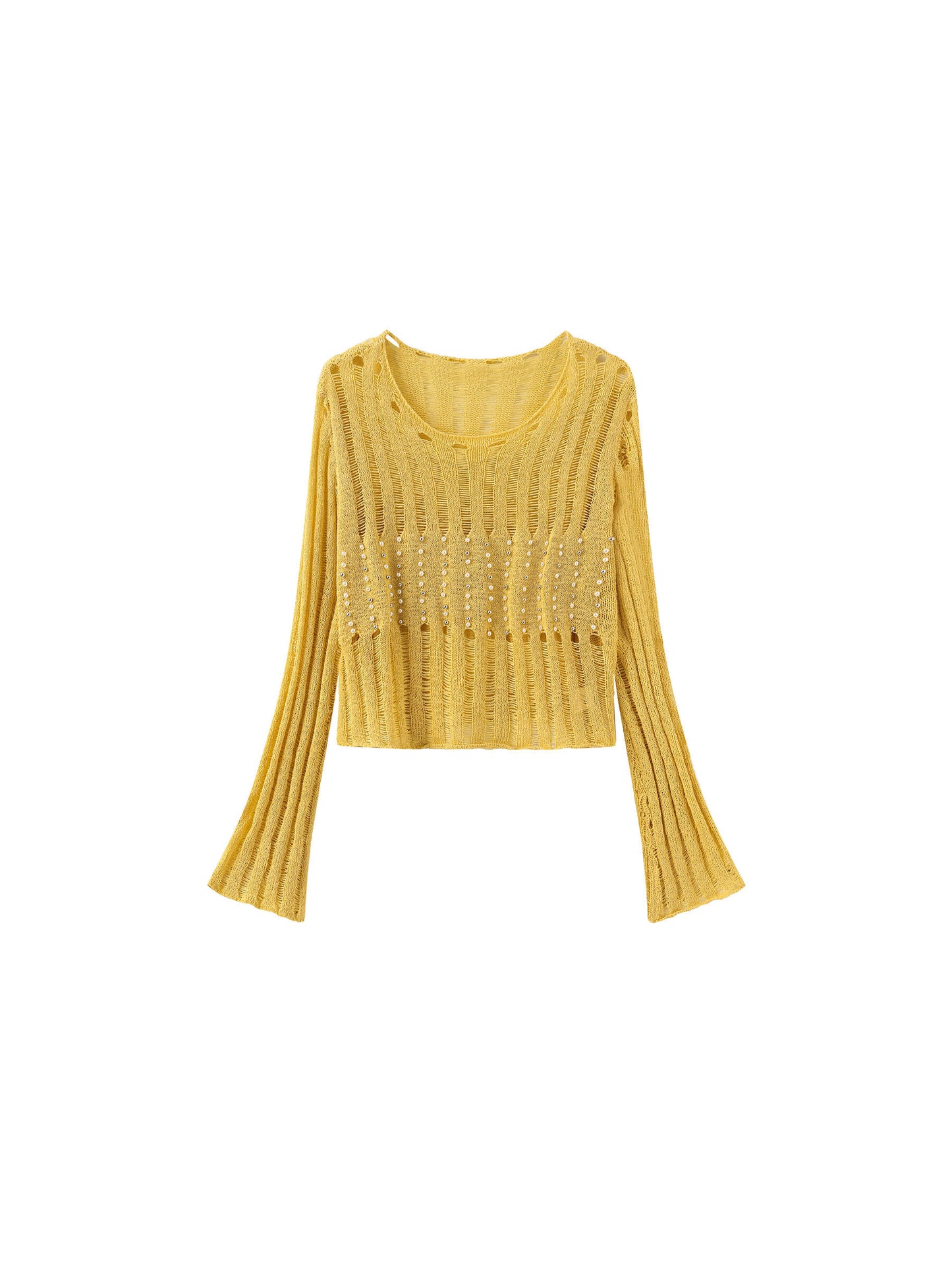 Beaded Hollow-Out Knit Top with Flare Sleeves
