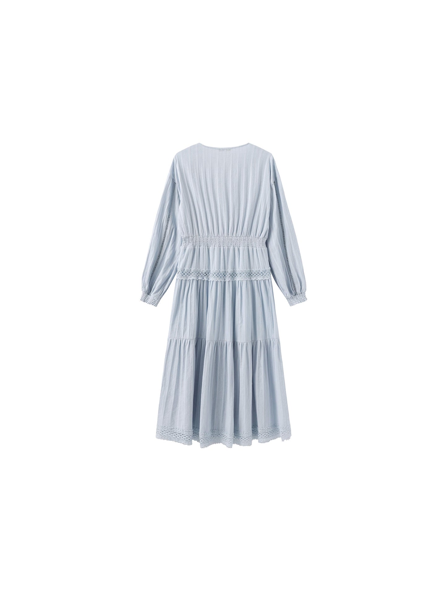 100% Cotton Lace Hollow V-Neck Waist-Cinched Maxi Dress
