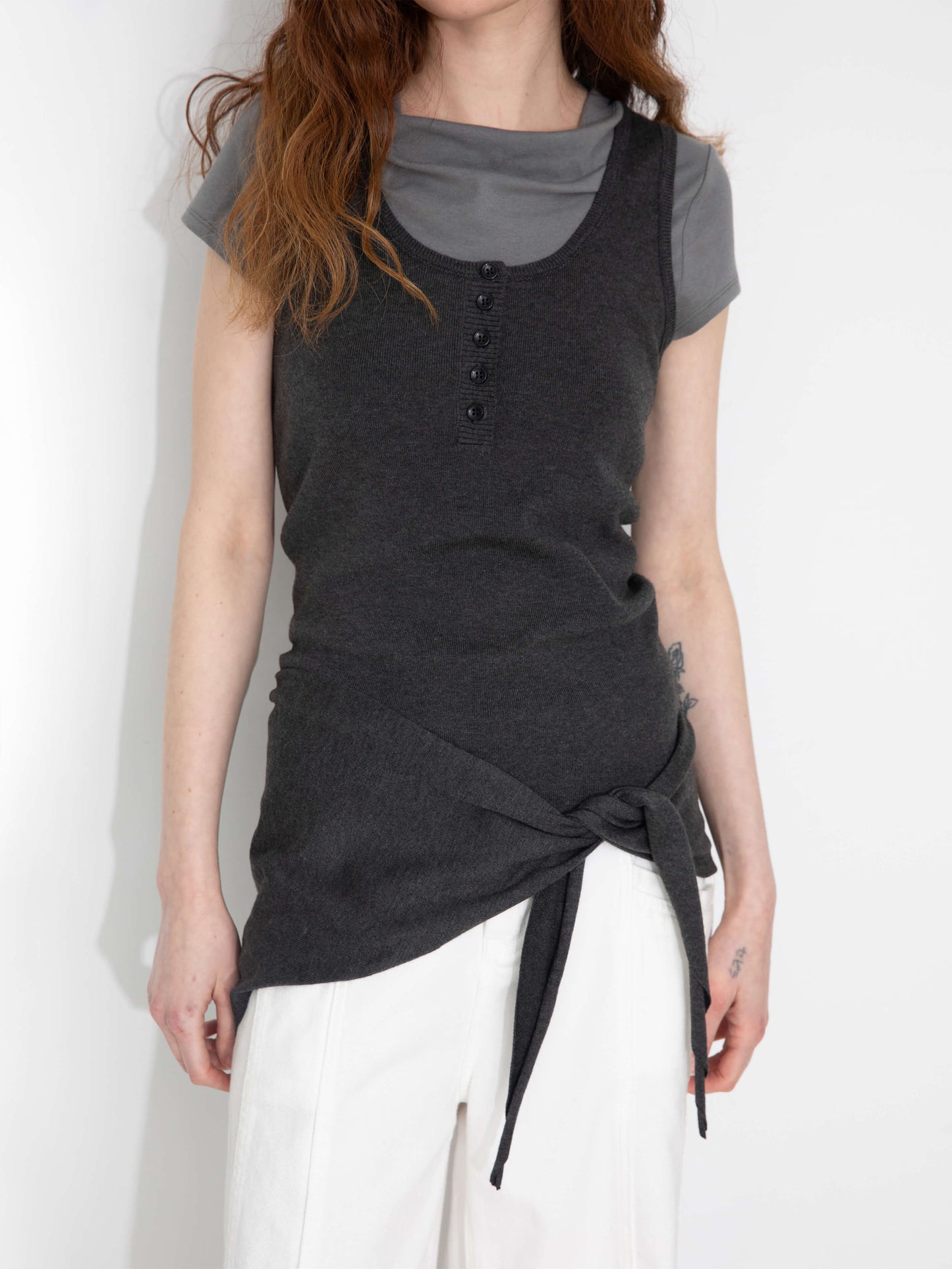 Slim-Fit Knit Henley Vest with Neck Tie