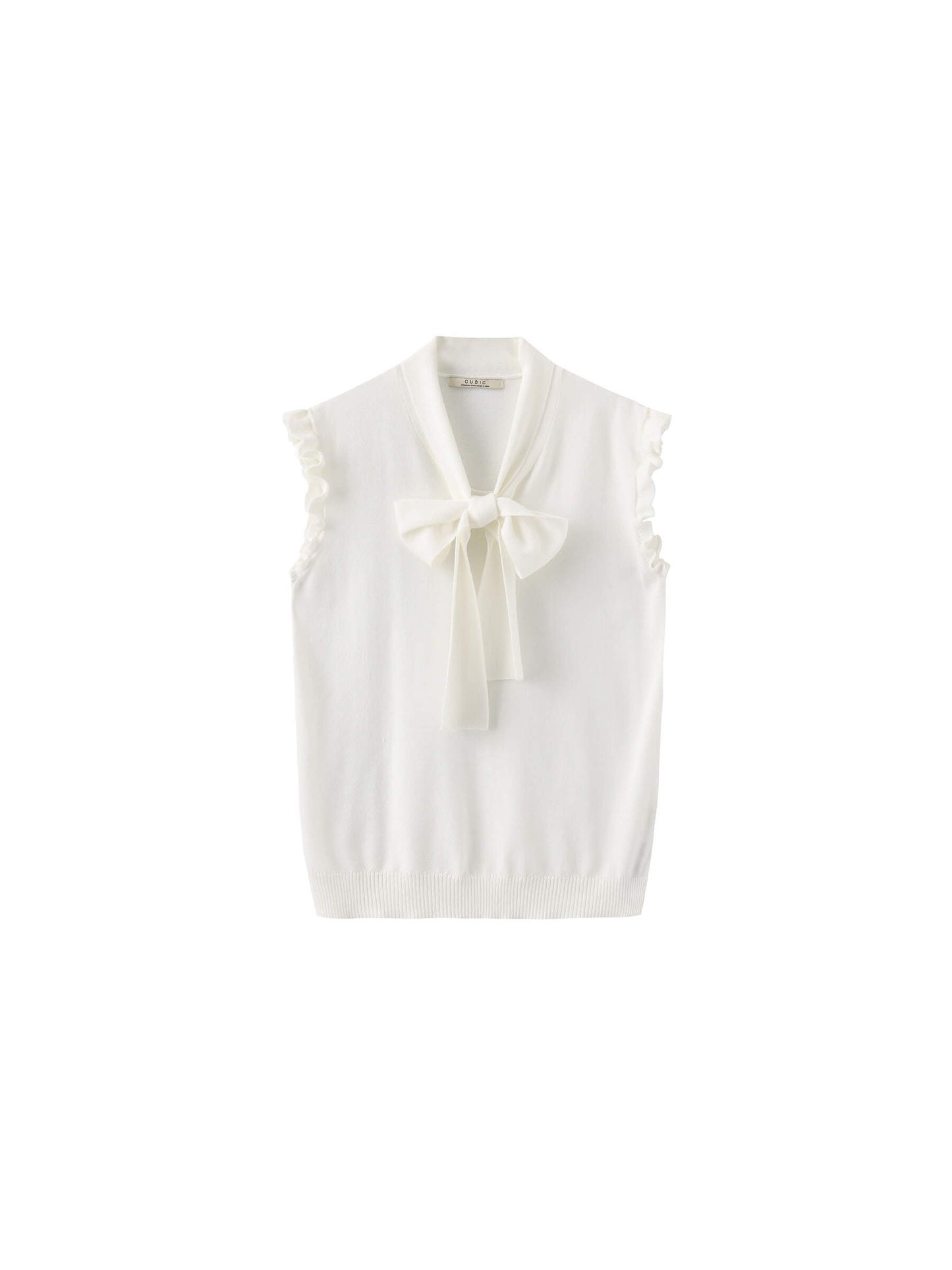 Ruffled Sleeve Sleeveless Knit Top with Attached Scarf