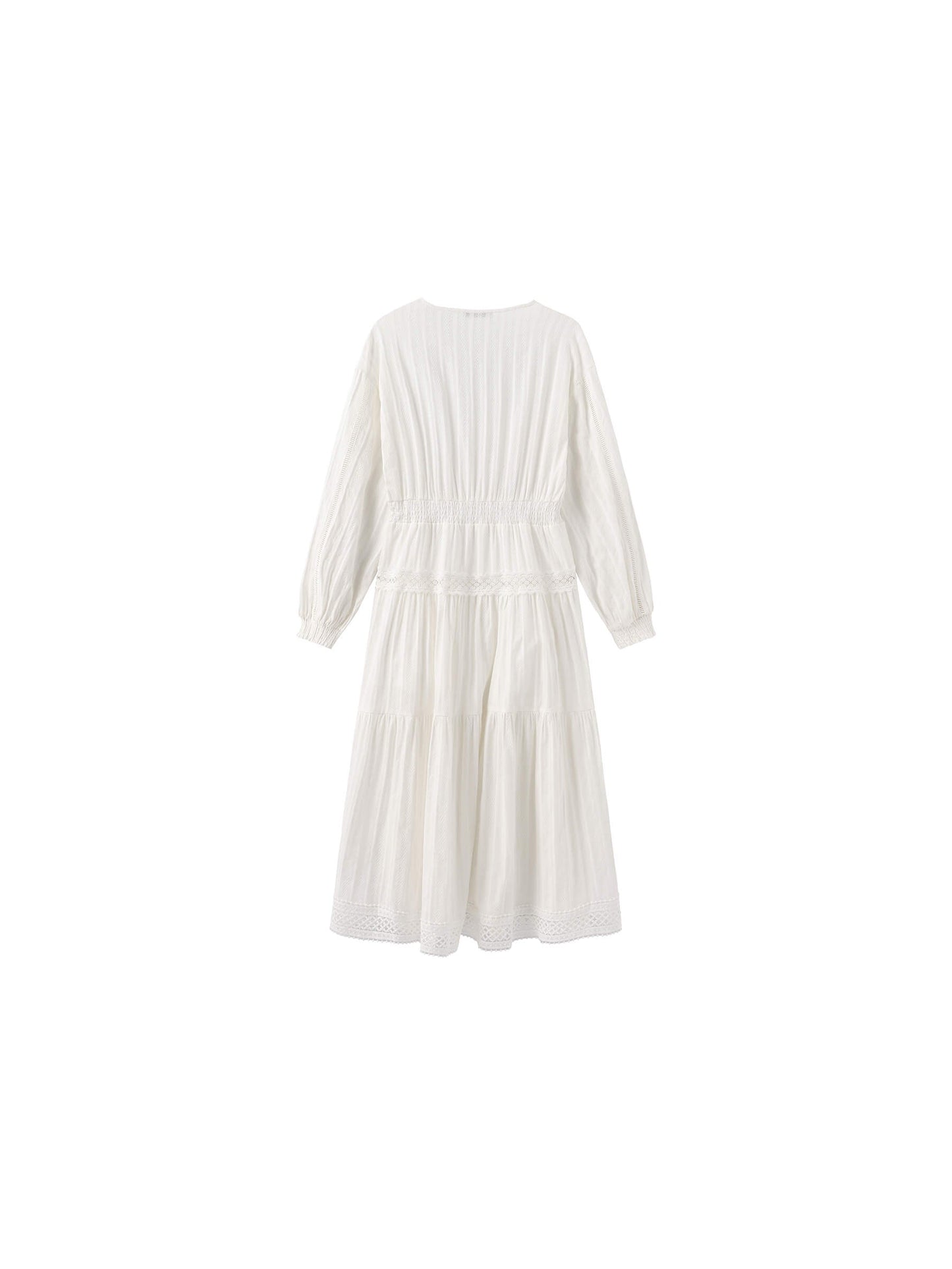 100% Cotton Lace Hollow V-Neck Waist-Cinched Maxi Dress