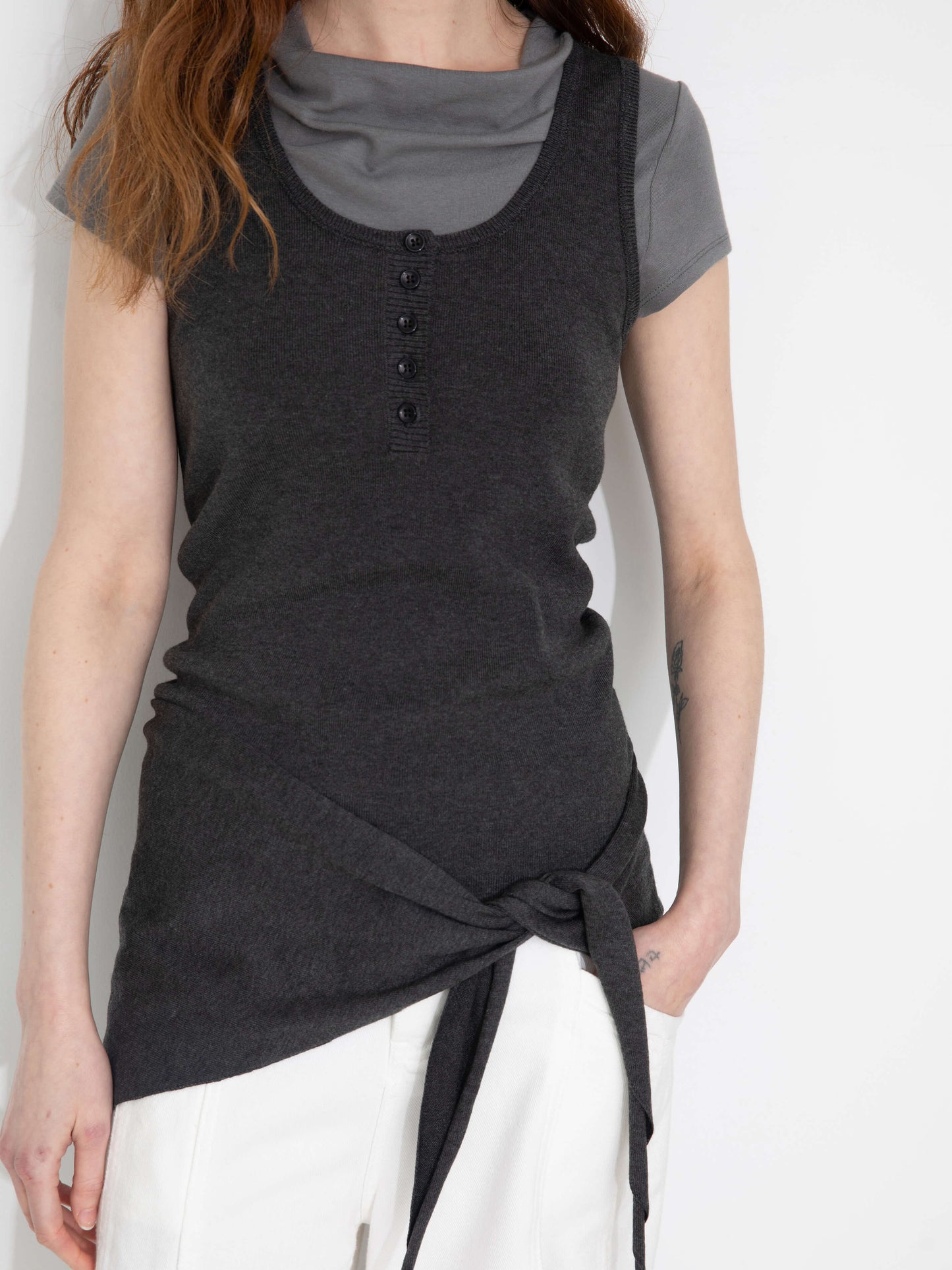Slim-Fit Knit Henley Vest with Neck Tie