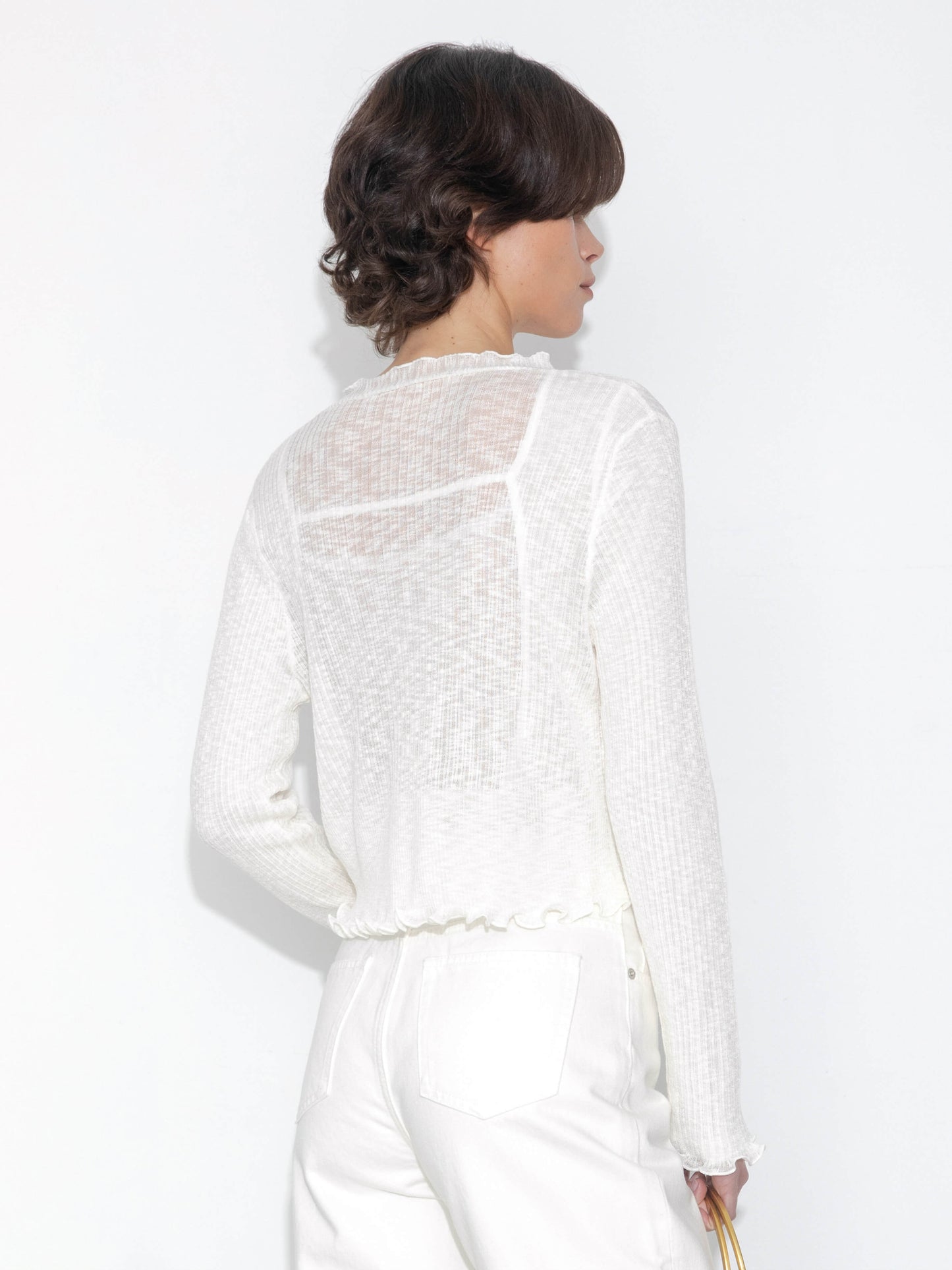 V-Neck Knit Cardigan with Ruffled Long Sleeves