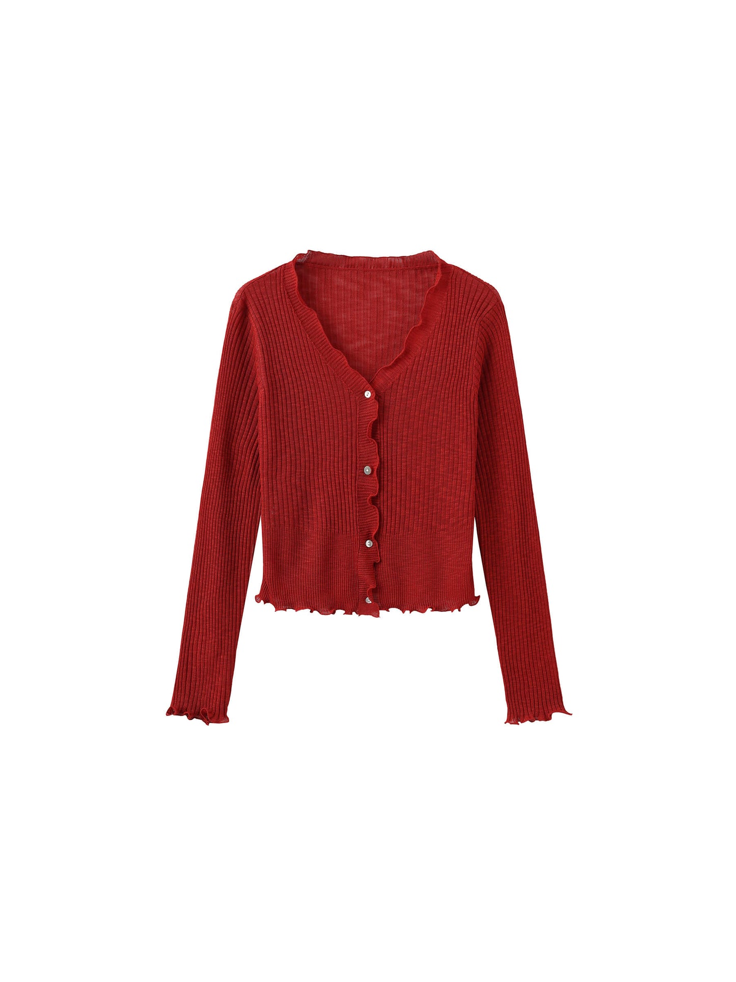 V-Neck Knit Cardigan with Ruffled Long Sleeves
