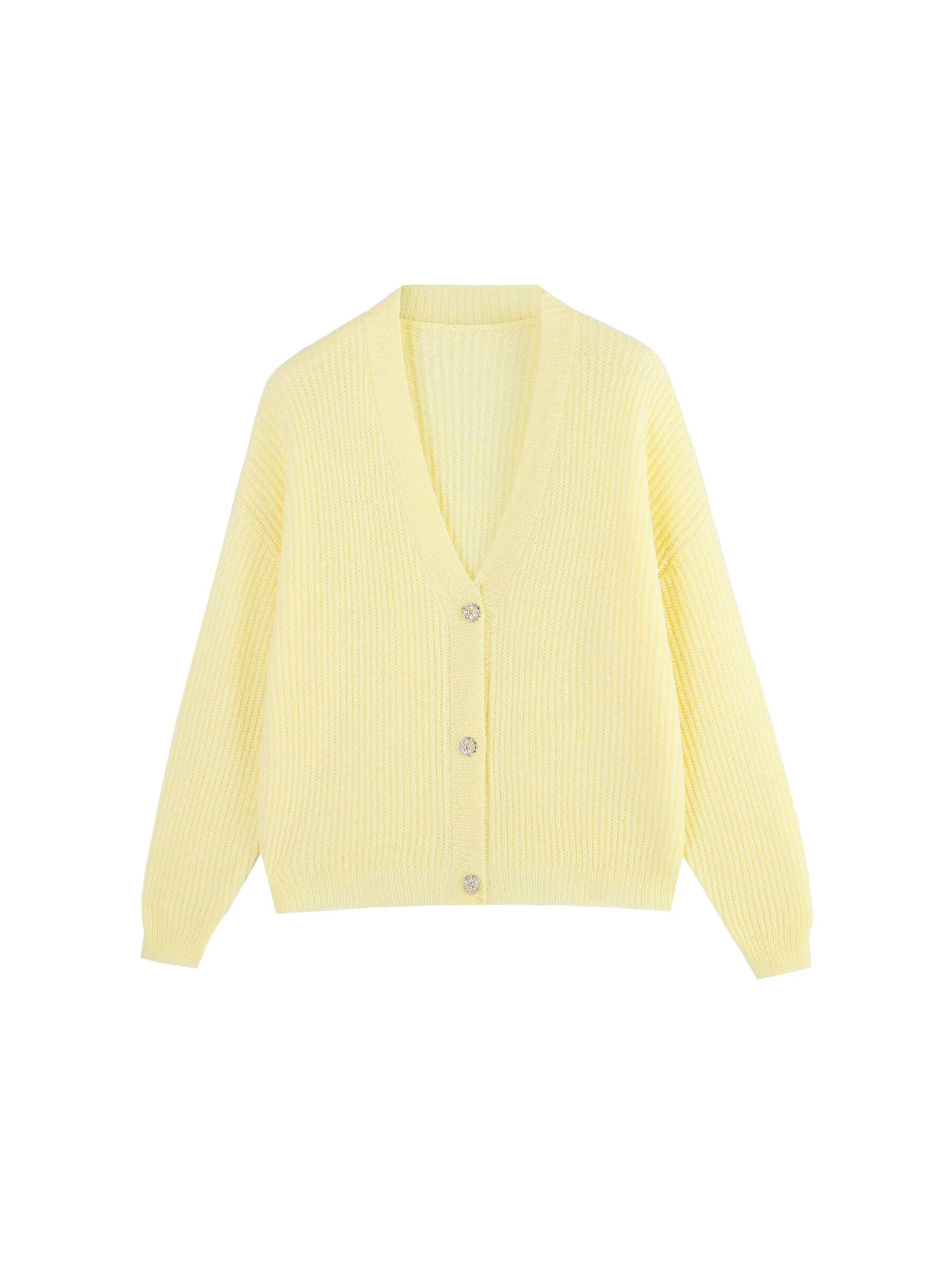 Casual V-Neck Ribbed Knit Cardigan with Wool Blend