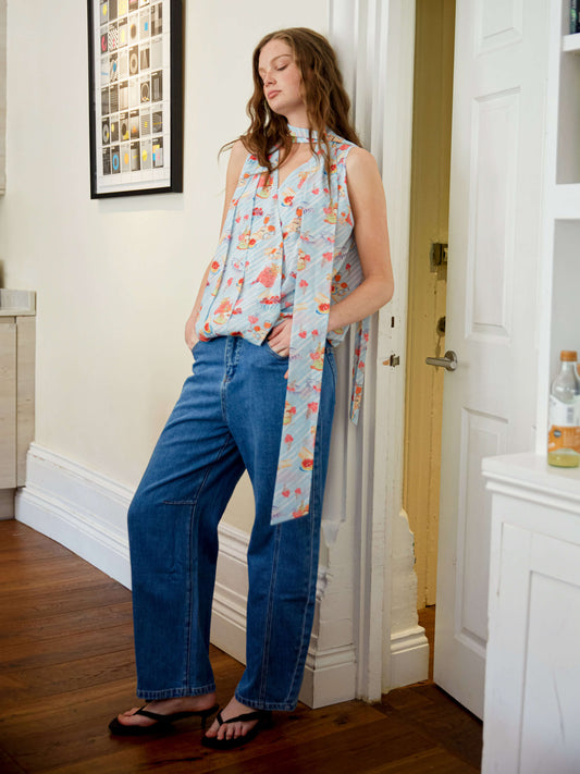 V-Neck Sleeveless Top with Scarf Tie