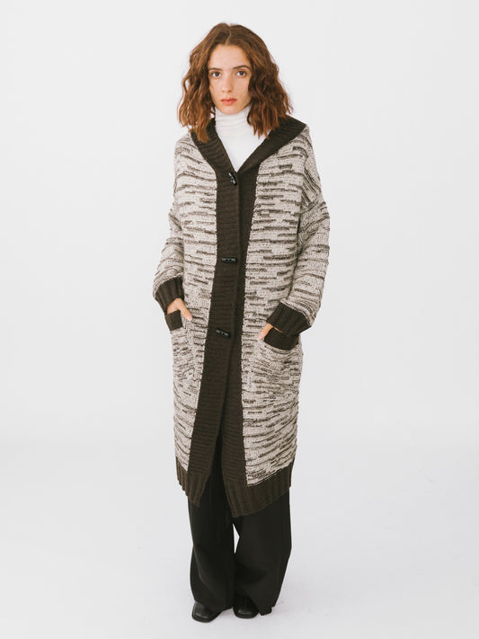 Contrasting Hooded Long Knitted Cardigan