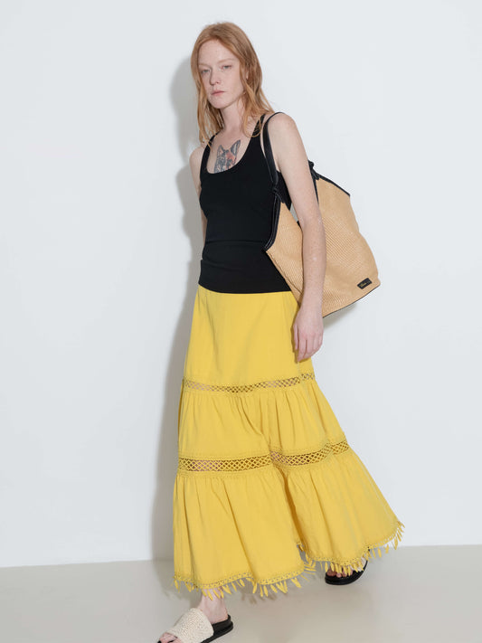 High-Waisted Hollow Out Tassel Trim Maxi Skirt