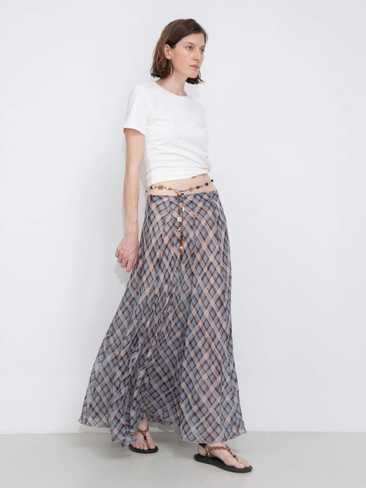 Asymmetrical Flowy Check Maxi Skirt-Blue