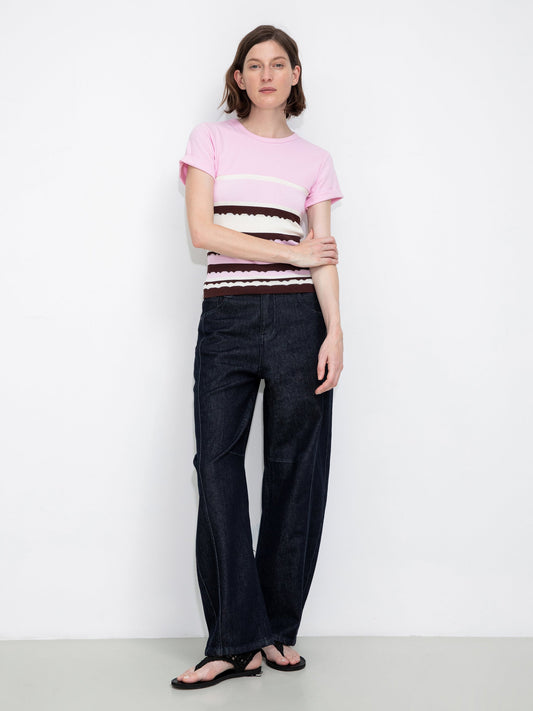 Round Neck Striped Color Block Knitted T-shirt
