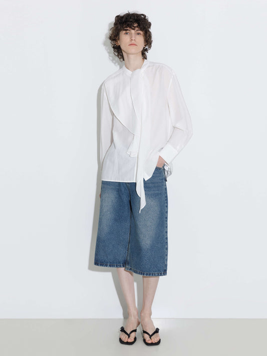 Ruffle Neck Tie Long Sleeve Shirt
