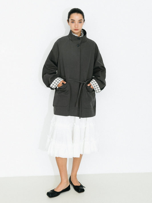100% Cotton Stand Collar Mid-Length Tie-Waist Trench Coat