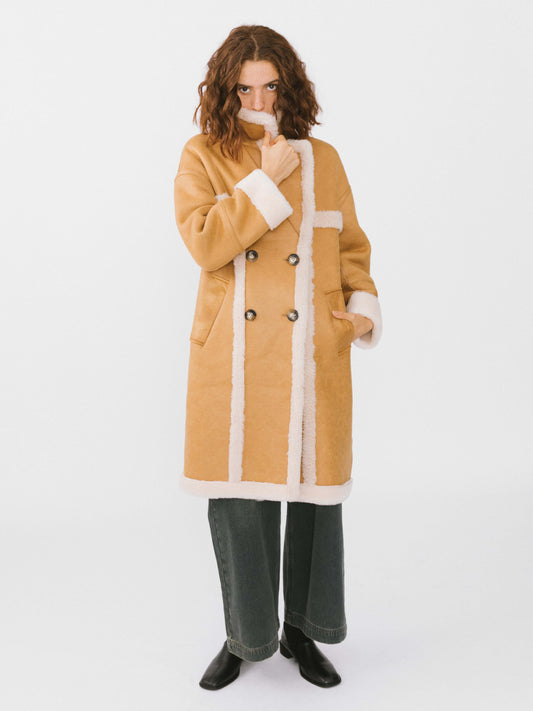 Yellow Faux Leather Sheep Wool Long Coat
