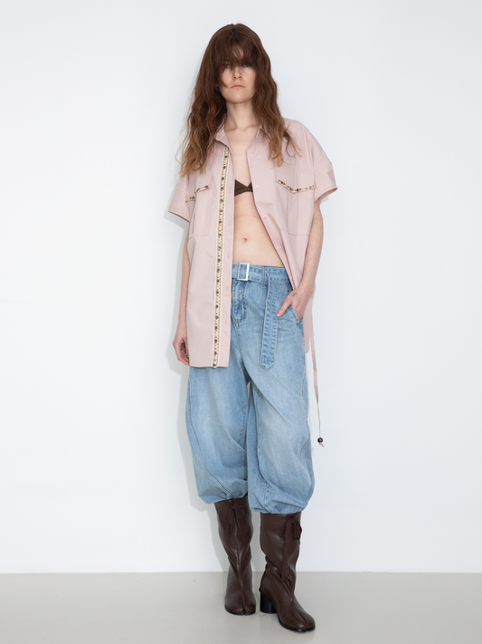 Beaded Placket Utility Short-Sleeve Shirt