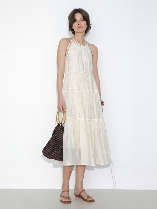 A-Line Halter Round-Neck Embroidered Maxi Dress
