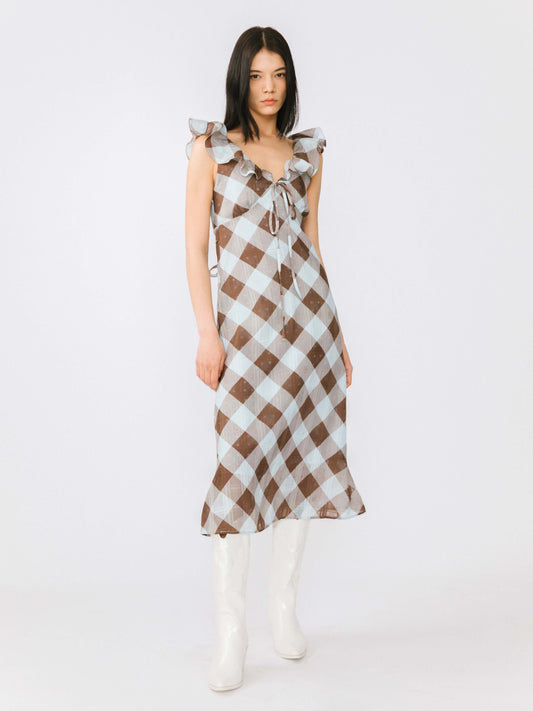 Checked V-neck Ruffled Sleeveless Dress