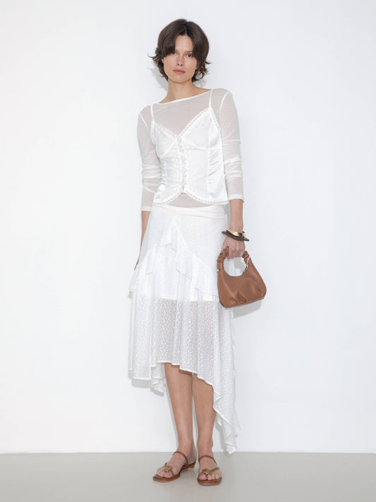 Asymmetrical Ruffled Floral Eyelet Skirt