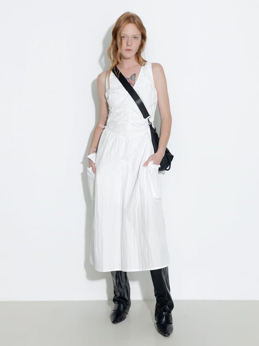 Drawstring Pleated V-Neck Sleeveless Dress