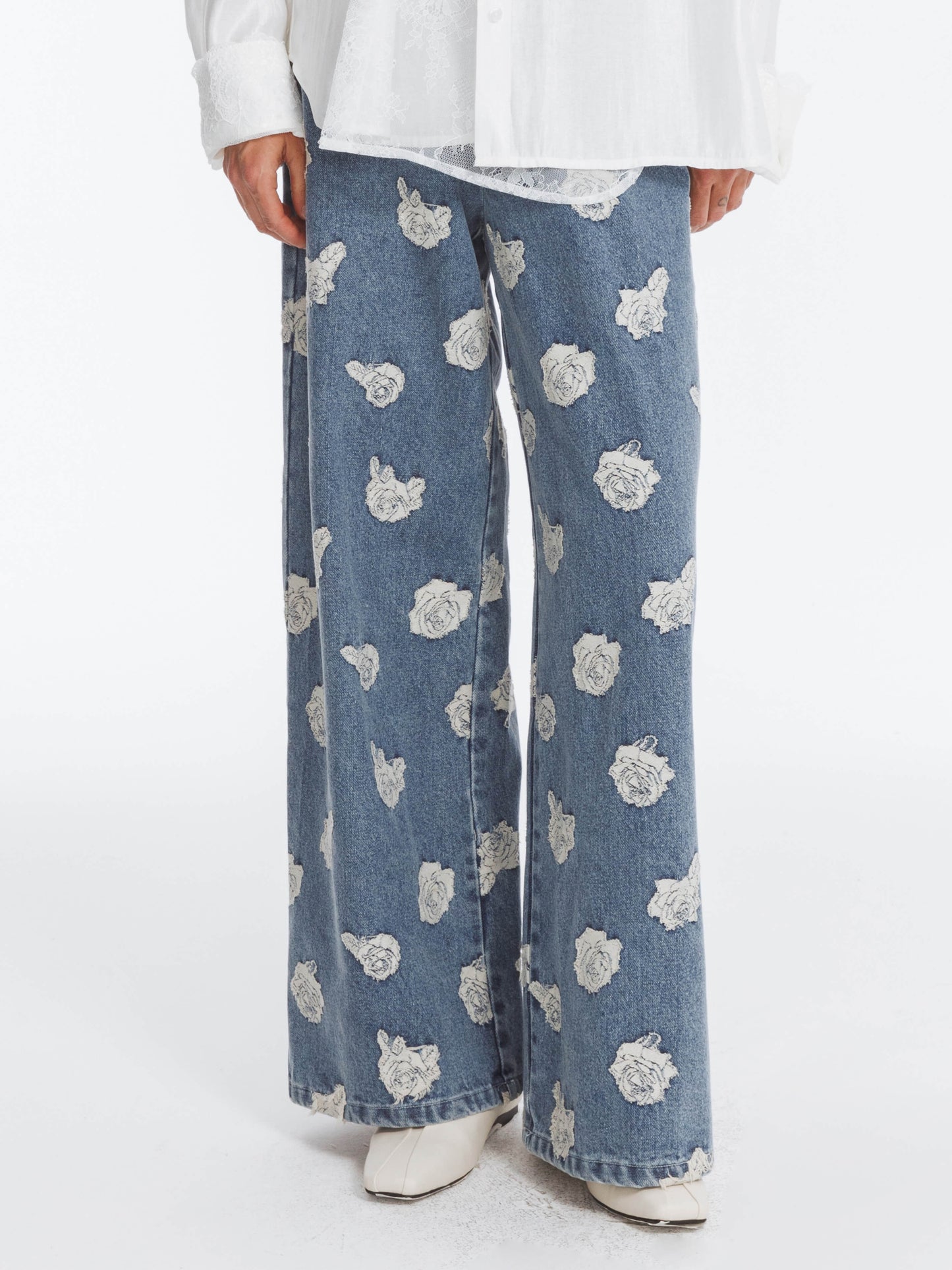 Retro Rose Print Washed Straight Leg Jeans