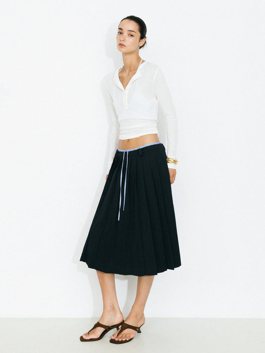 Double Waistband Contrast Pleated Skirt