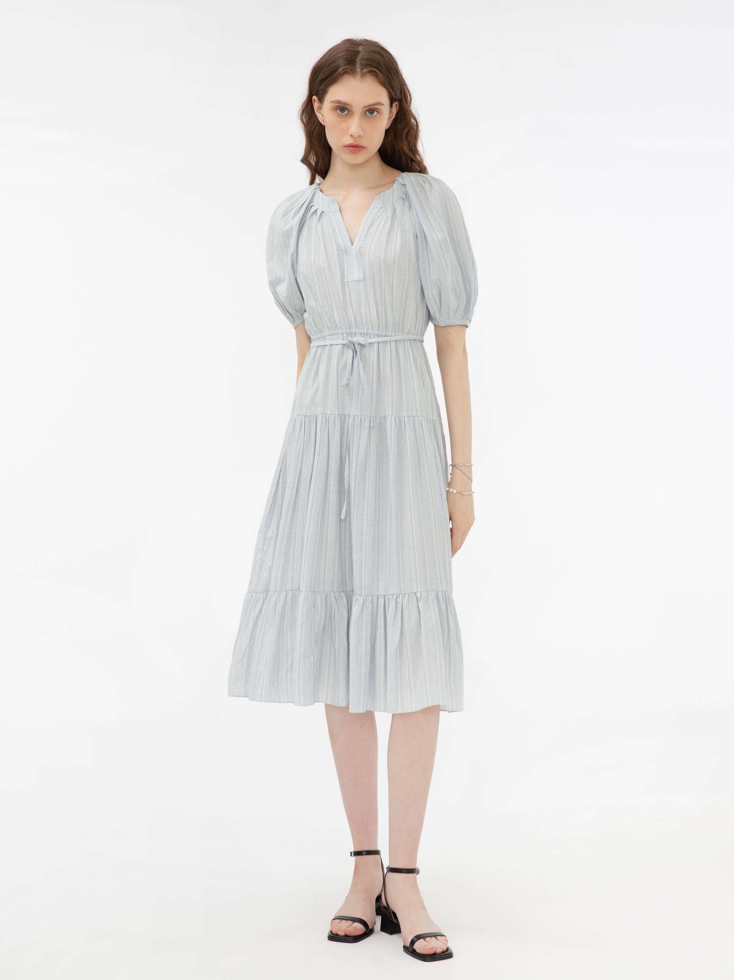 Puff Sleeve V-Neck Tiered Dress