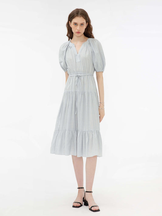 Puff Sleeve V-Neck Tiered Dress