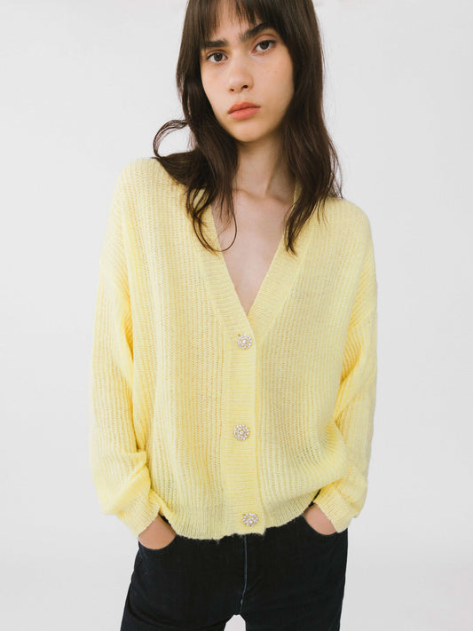 Casual V-Neck Ribbed Knit Cardigan with Wool Blend
