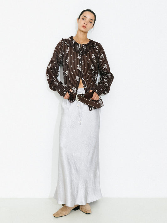 Striped Floral Ruffle Collar Cotton Shirt