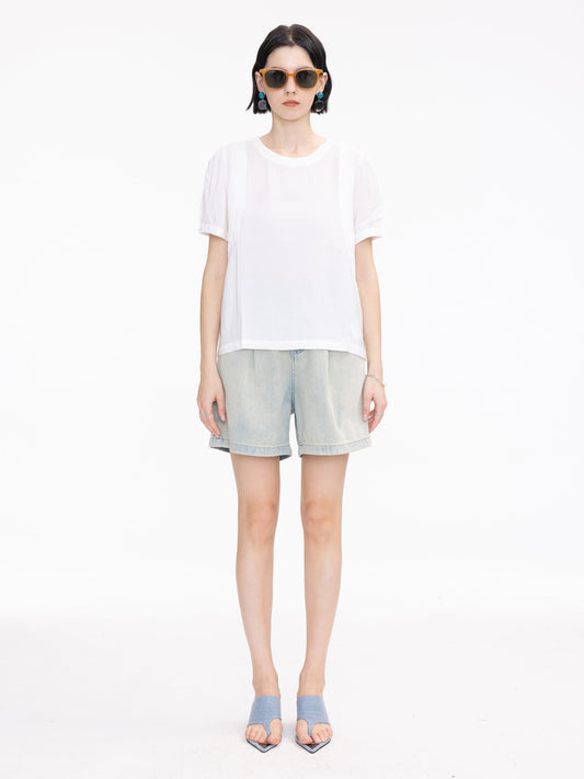Wide Leg Pleated Denim Shorts