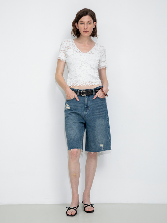 V-Neck Lace Short-Sleeve T-Shirt