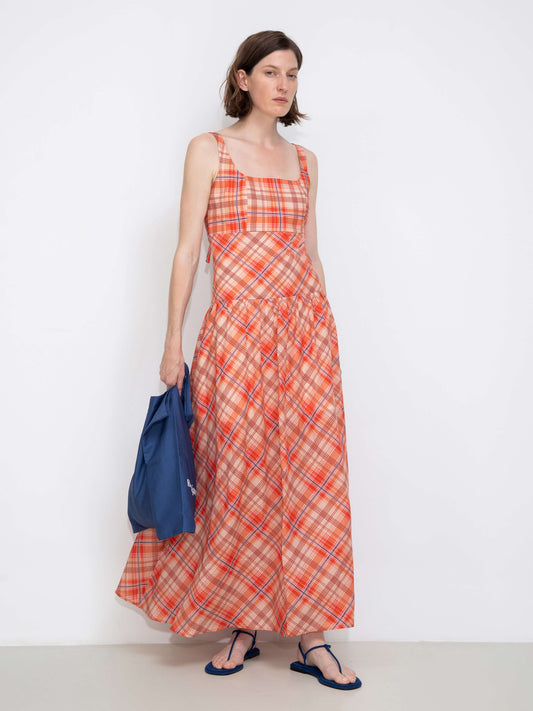 Red Check Print Square Neck Dress