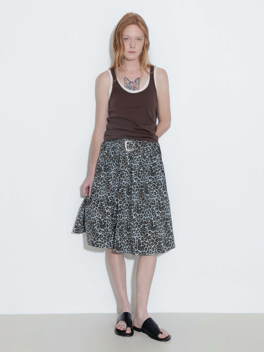 Leopard Print Pleated A-Line Skirt with Belt
