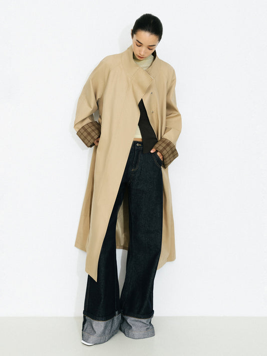 Funnel Neck Colorblock Cuff Trench Coat