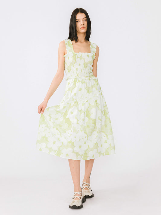 Plaid and Floral A-line Midi Dress