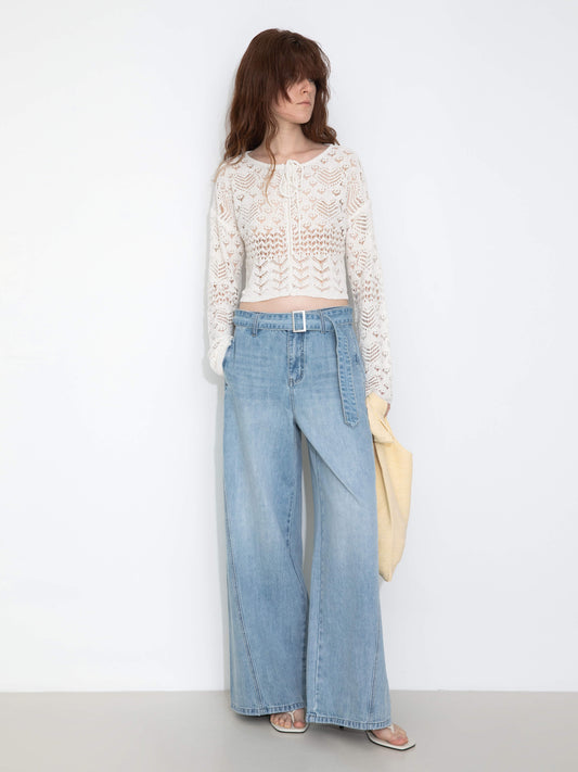 Tie Hollow-Out Knit Long Sleeve Cardigan