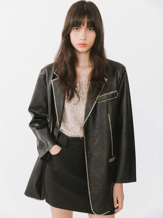 Black Faux Leather Tailored Suit
