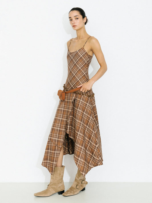 Checkered A-Line Cami Dress with Asymmetrical Hem