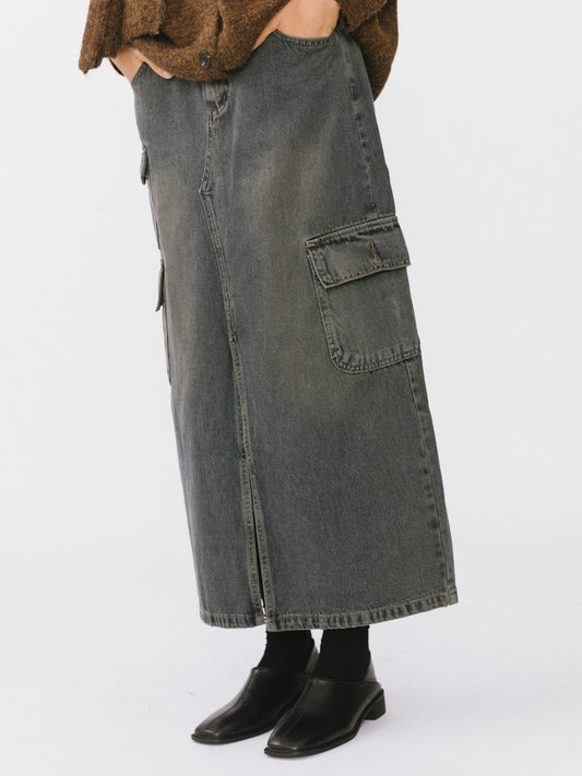 Multi Pocket Washed Demin Skirt