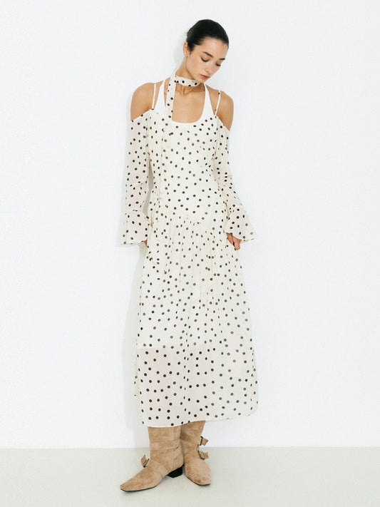 Polka Dot Off-Shoulder Cami Sleeve Maxi Dress