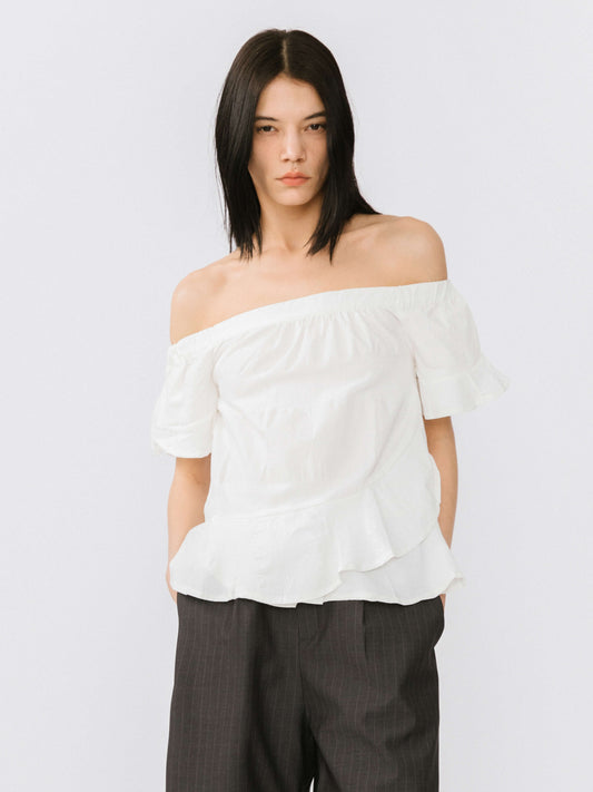 Off-Shoulder Puff Sleeve Ruffled Top