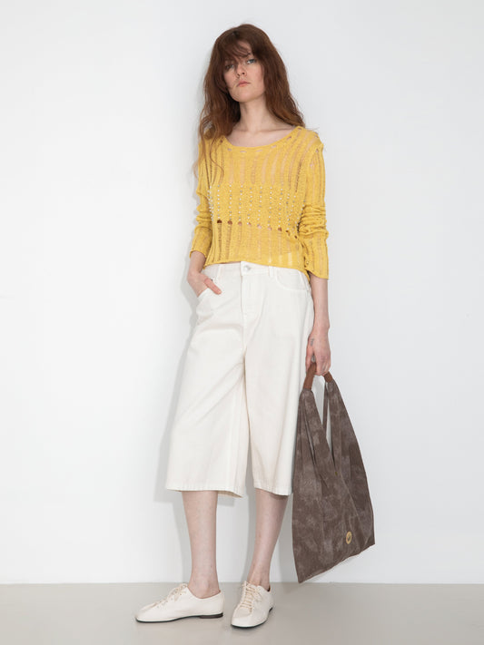 Beaded Hollow-Out Knit Top with Flare Sleeves